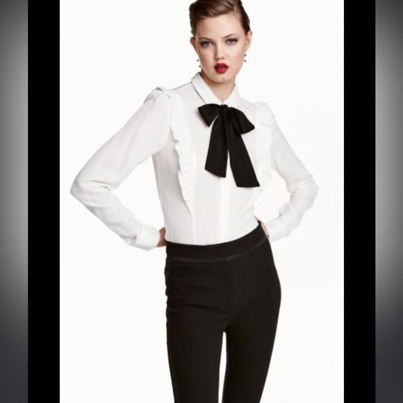 Zara button up blouse with black neck tie size medium - Picture 5 of 6